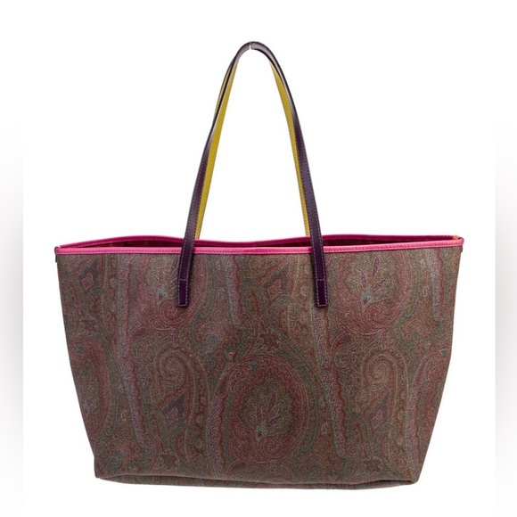 Etro Brown Paisley Multicolored Neon Leather Trimmed Tote Bag - Picture 2 of 3